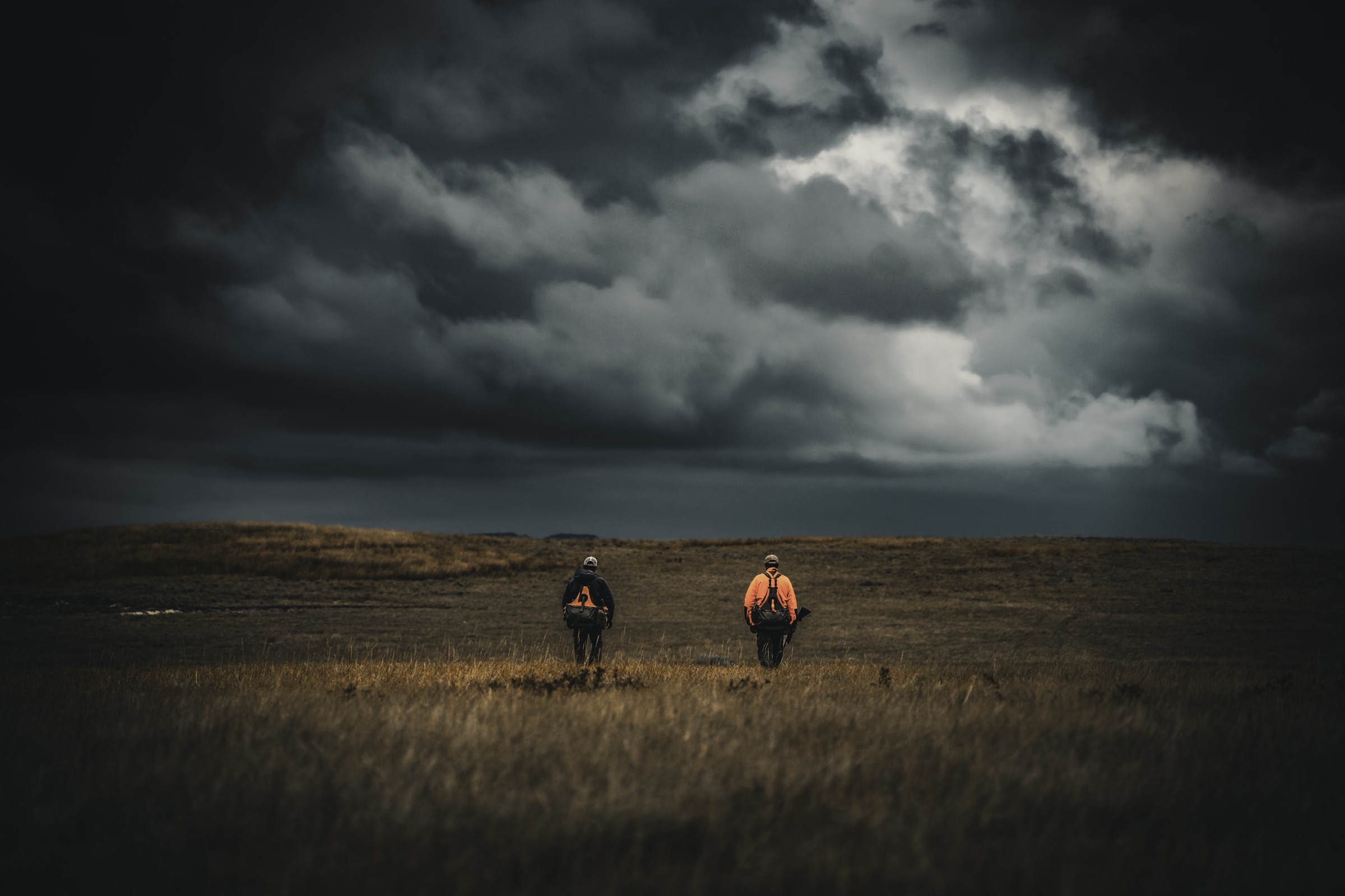 Two people standing in an open field beneath heavy clouds.